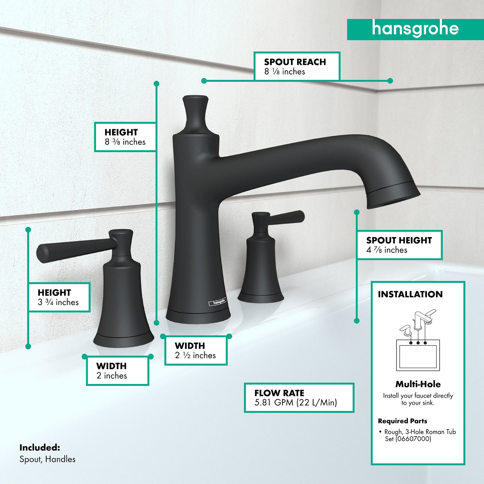 Matte black 3-hole roman tub faucet set with curved spout and two lever handles shown with dimensions.