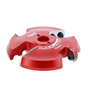 Red router cutter head with dual cutting blades and black adjustment knobs mounted on circular base.