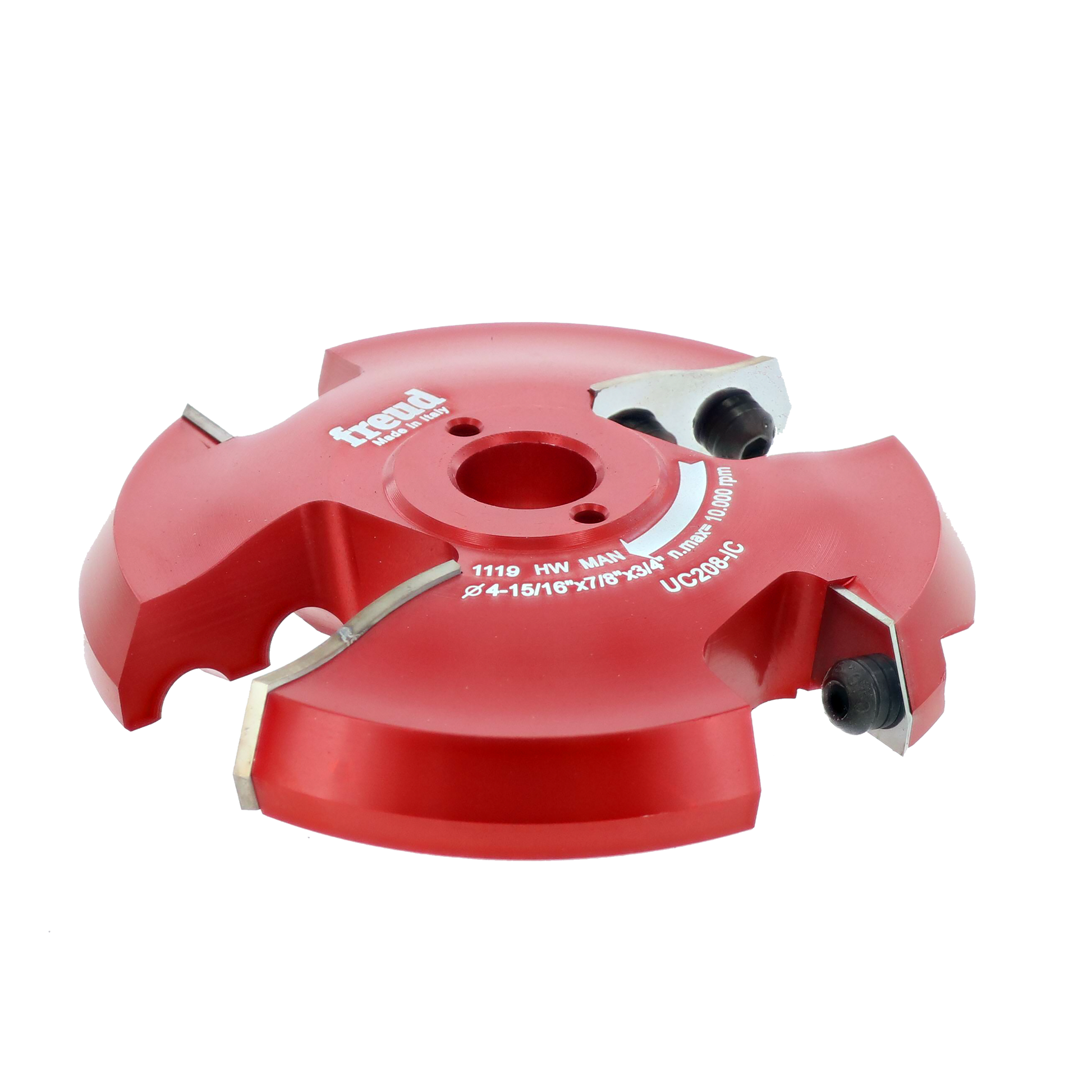Red router cutter head with dual cutting blades and black adjustment knobs mounted on circular base.