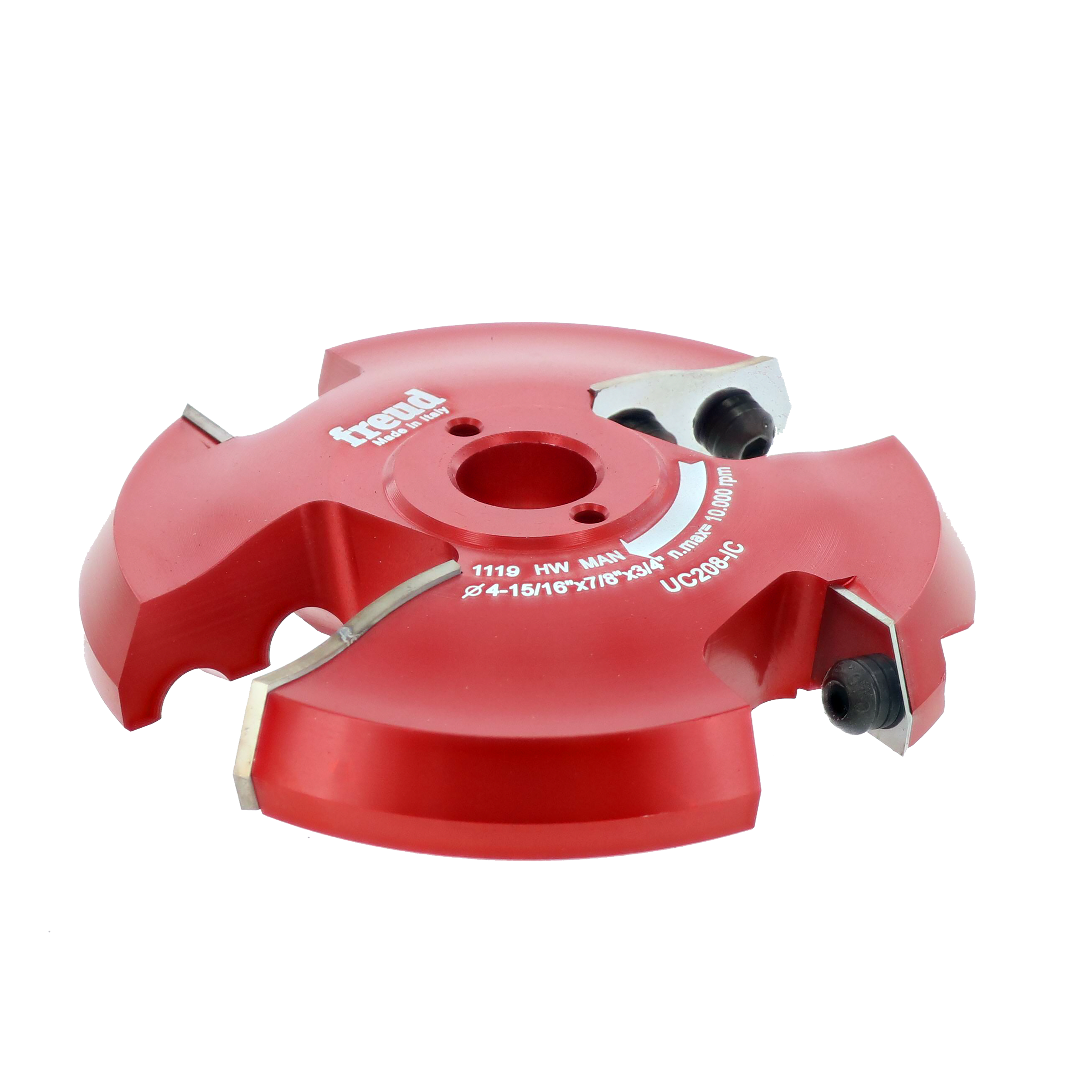 Red router cutter head with dual cutting blades and black adjustment knobs mounted on circular base.