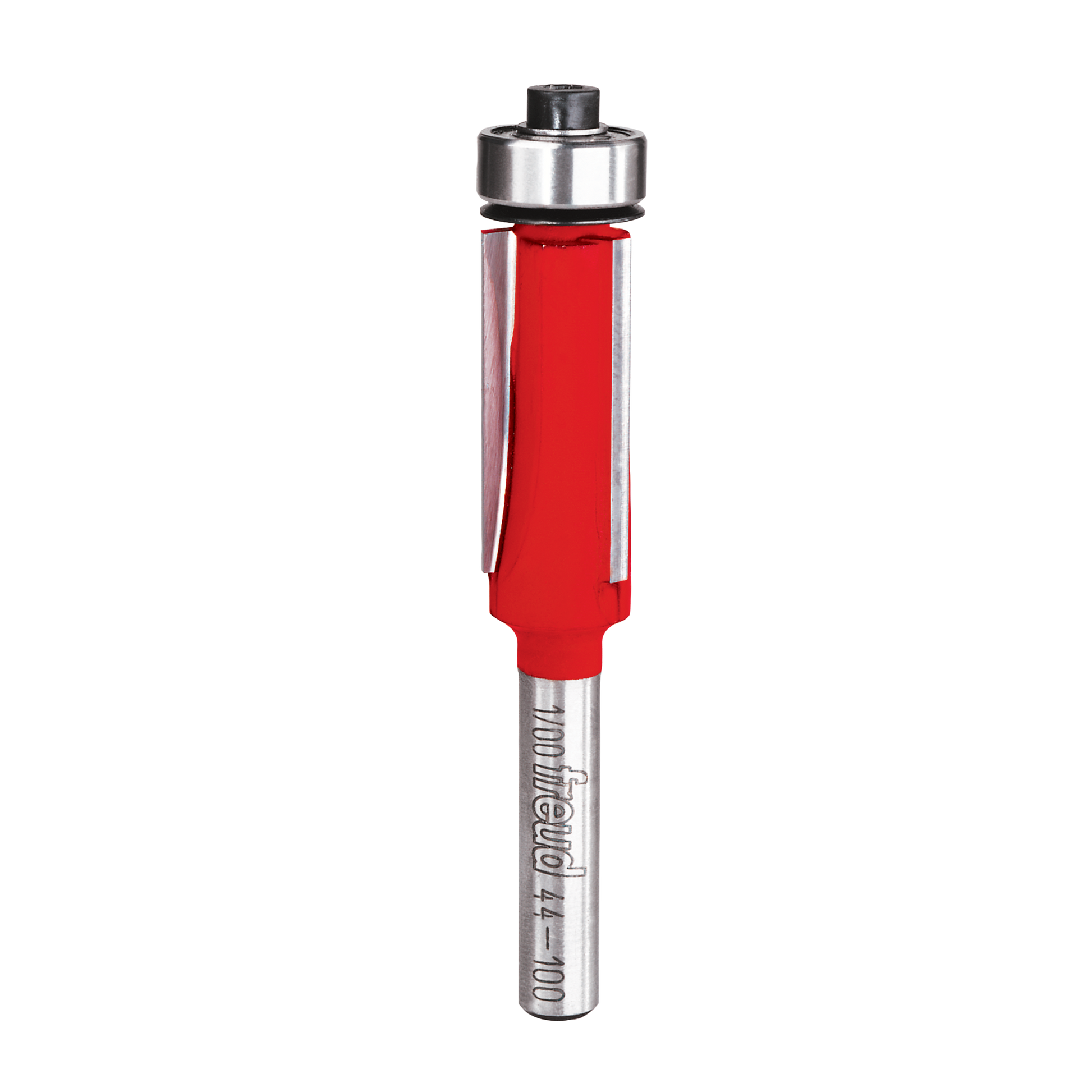 Freud bearing flush trim bit with red body, metal shaft, and chrome top bearing assembly.