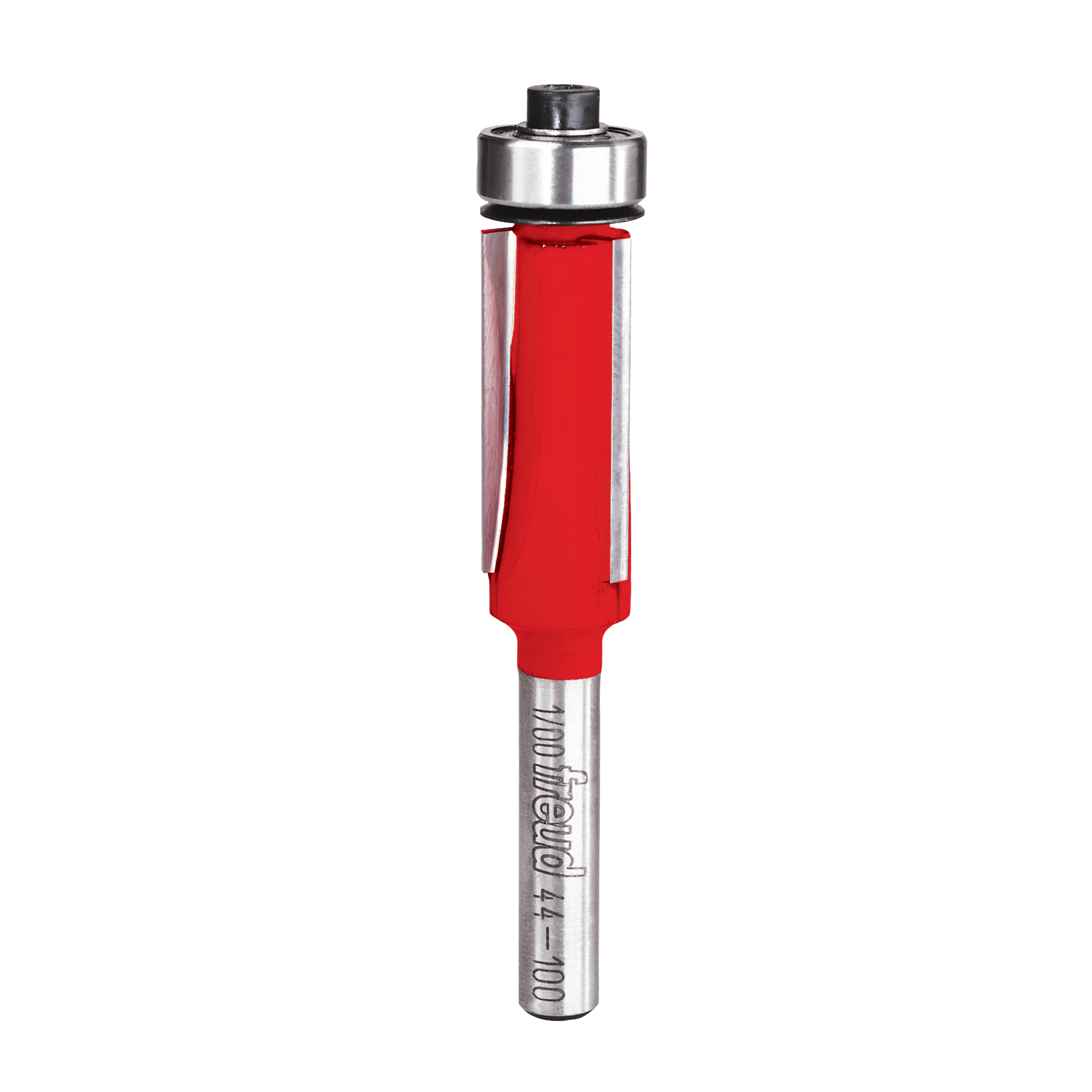 Freud bearing flush trim bit with red body, metal shaft, and chrome top bearing assembly.