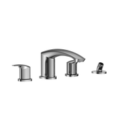Polished chrome two-handle deck-mount roman tub filler with curved spout and detachable handshower.
