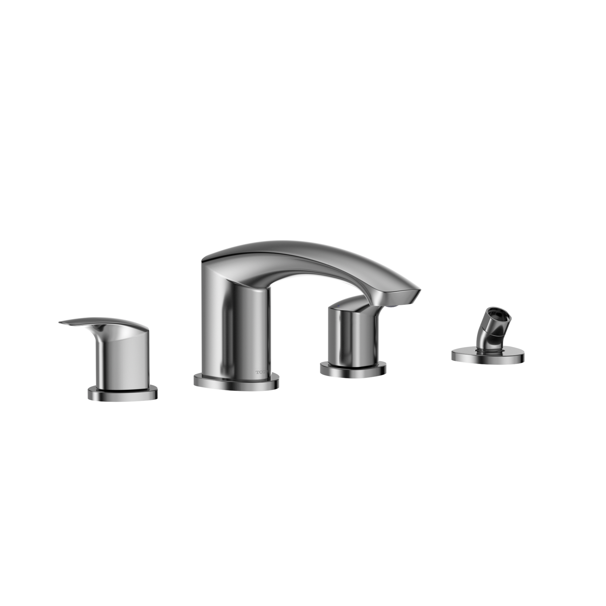 Polished chrome two-handle deck-mount roman tub filler with curved spout and detachable handshower.