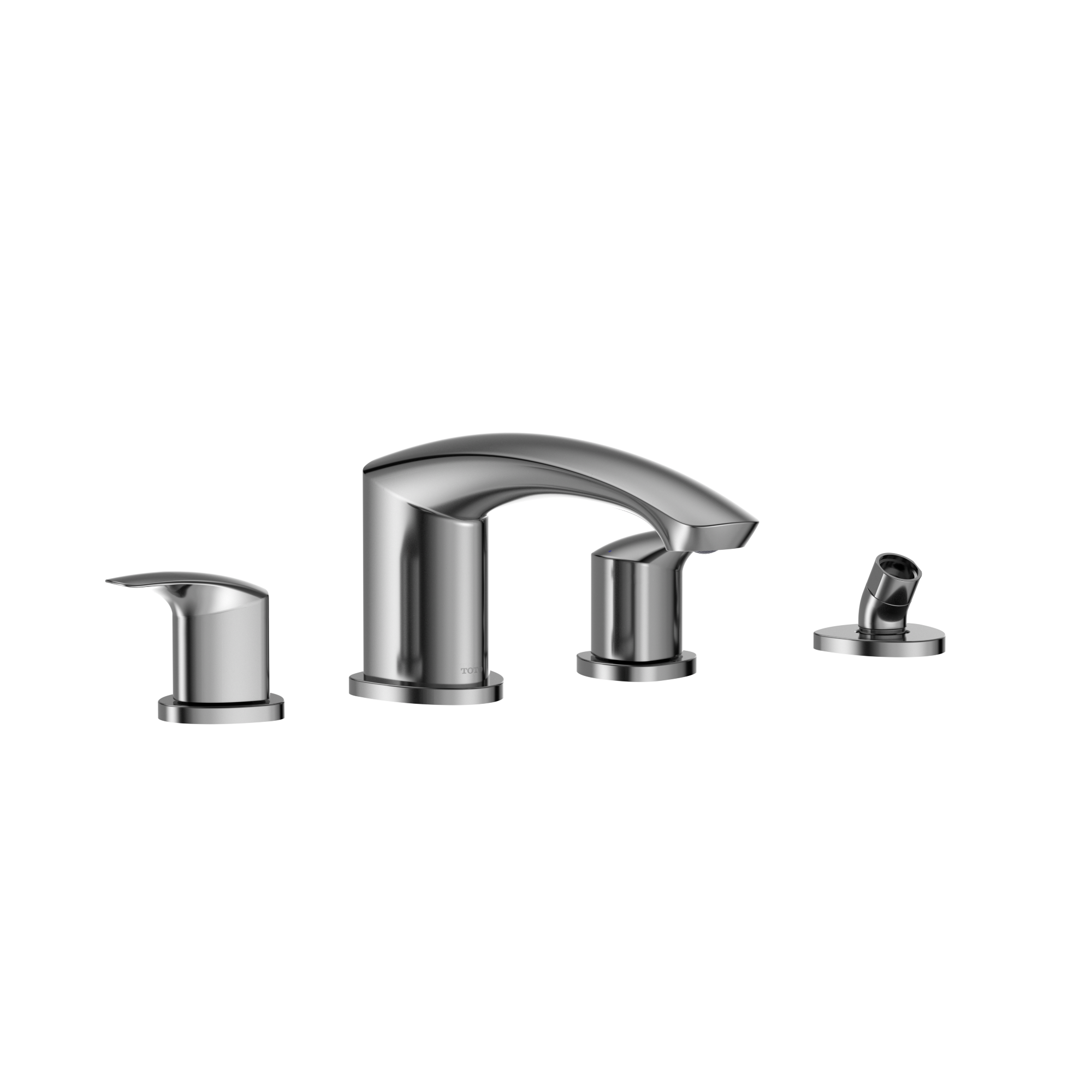 Polished chrome two-handle deck-mount roman tub filler with curved spout and detachable handshower.