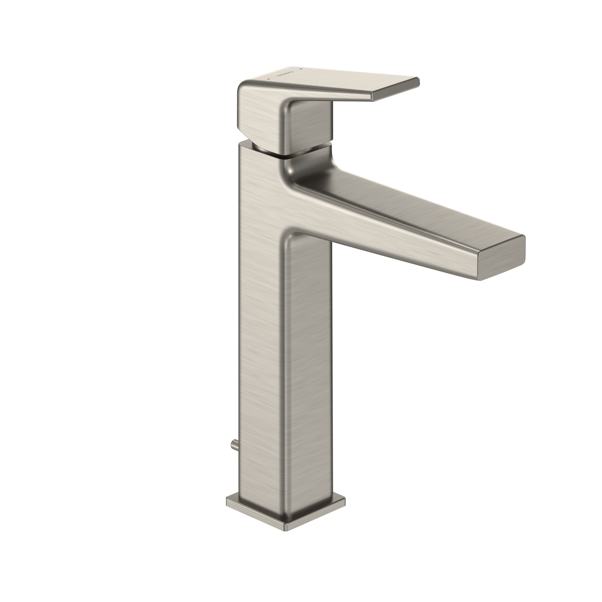 Brushed nickel single-handle bathroom sink faucet with tall square base and curved spout.