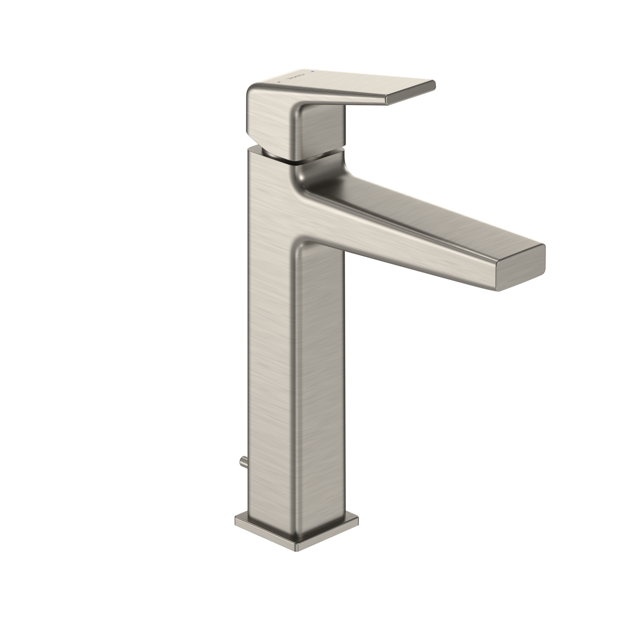Brushed nickel single-handle bathroom sink faucet with tall square base and curved spout.