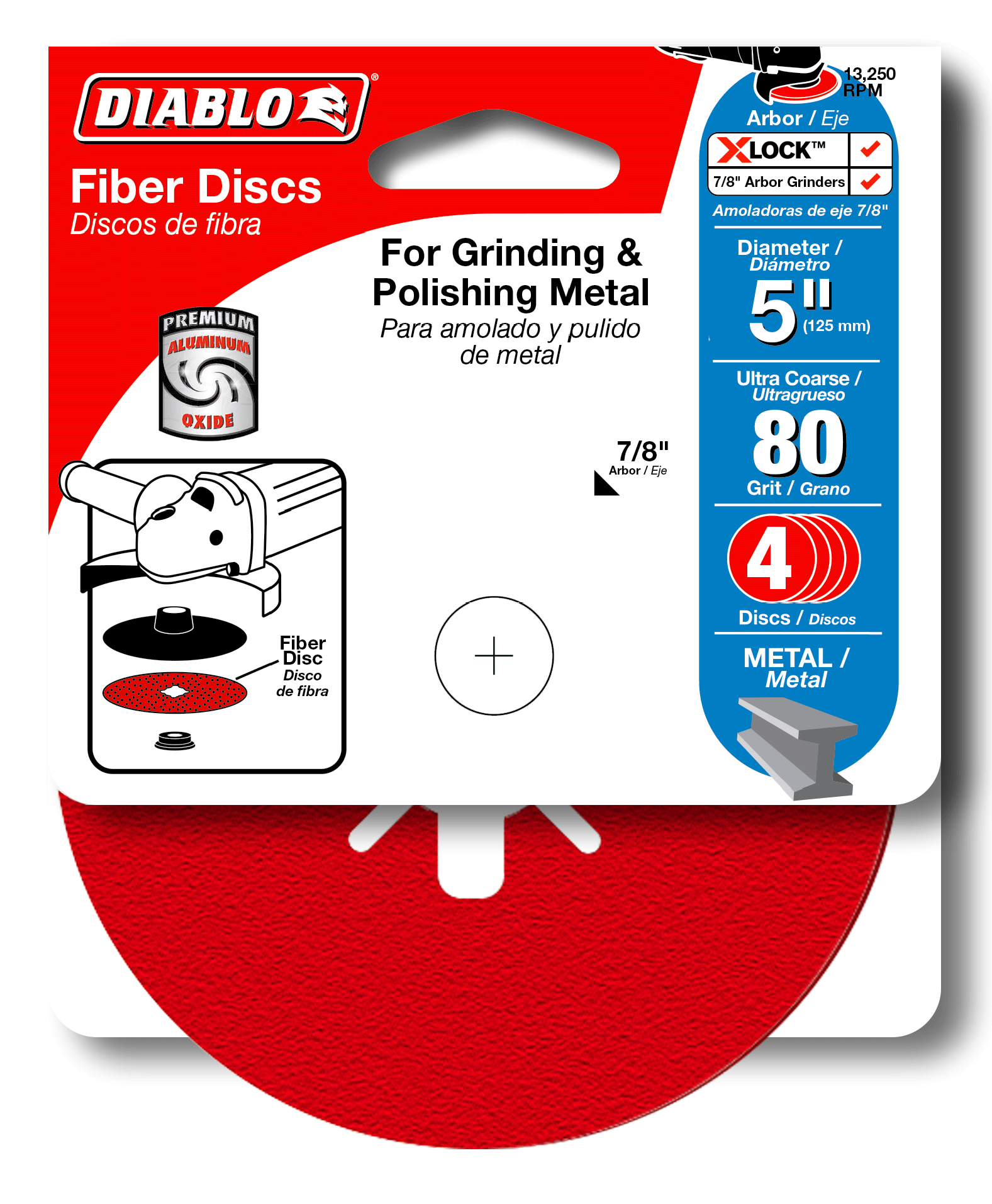 Four red fiber sanding discs, 5 inches diameter with 7/8 inch arbor hole, 80 grit aluminum oxide.