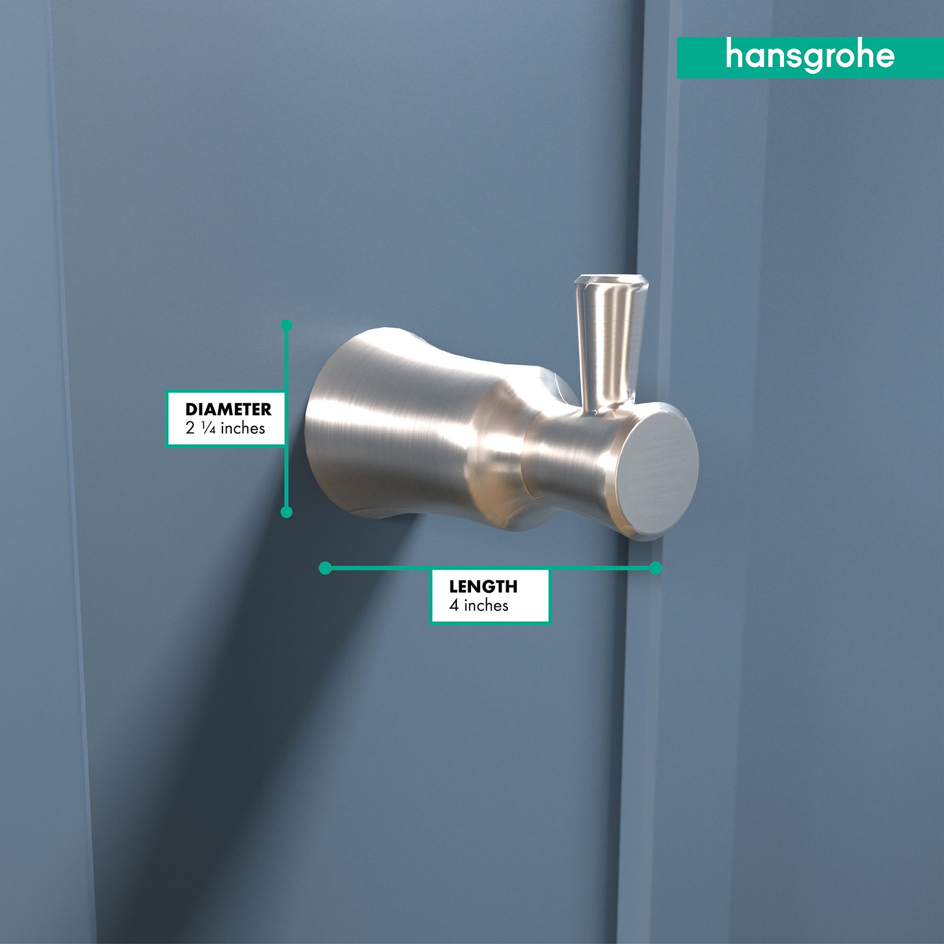 Brushed nickel wall-mounted hook with cylindrical body and rounded handle, 4 inches long and 2.25 inches diameter.