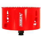Red Diablo hole saw with serrated edge and black arbor attachment, showing ventilation slots on the side.