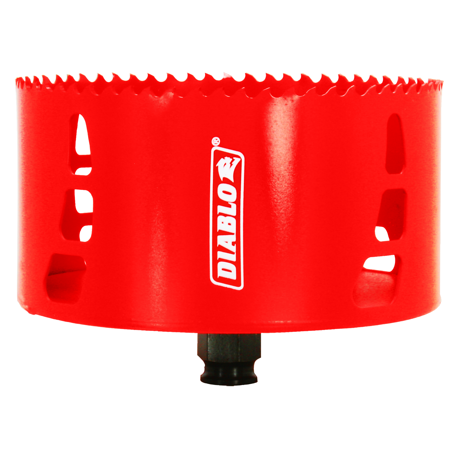 Red Diablo hole saw with serrated edge and black arbor attachment, showing ventilation slots on the side.