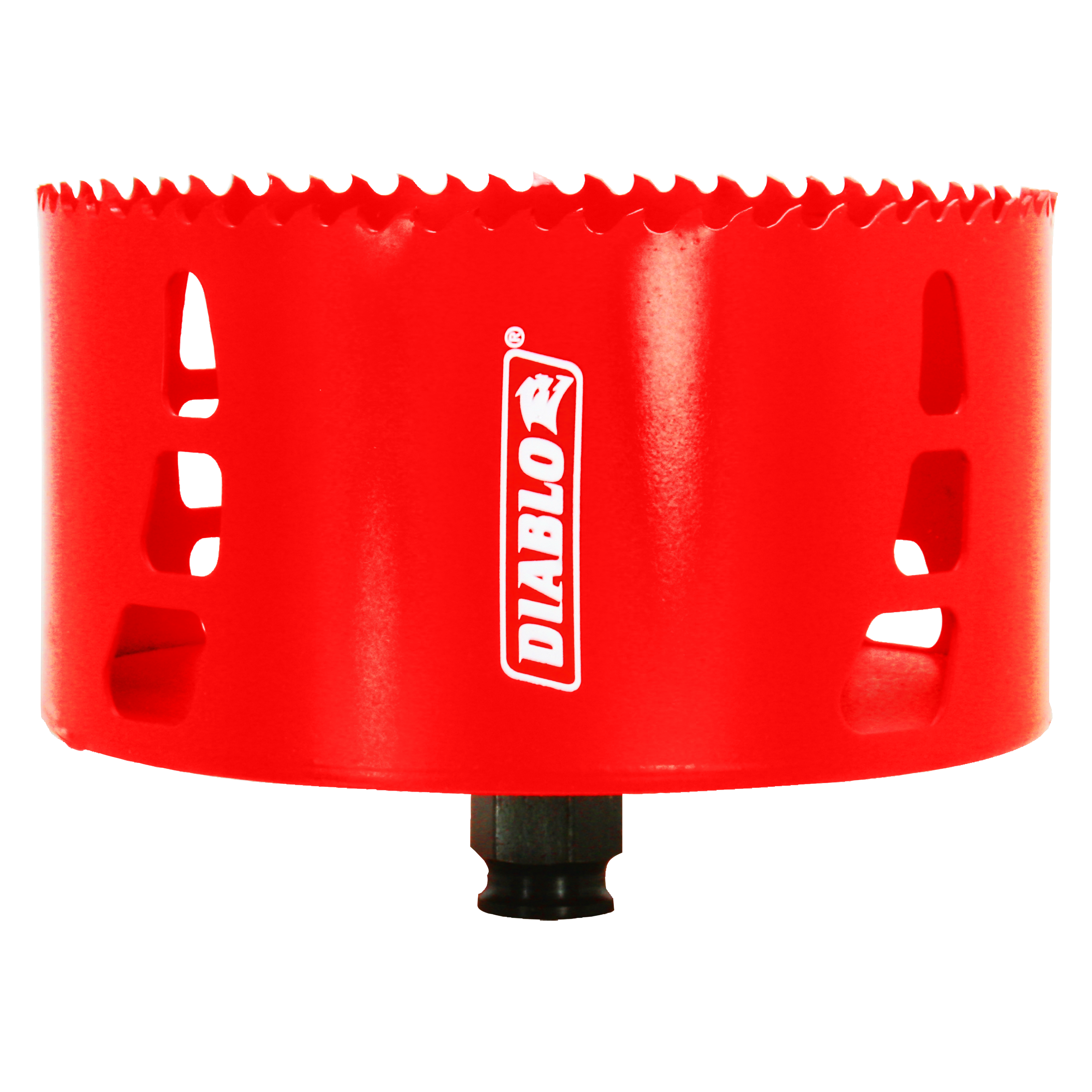 Red Diablo hole saw with serrated edge and black arbor attachment, showing ventilation slots on the side.