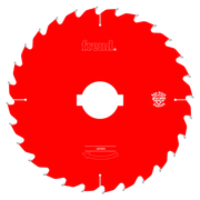 Red circular saw blade with gray teeth, white center hole, and Freud branding visible on the surface.