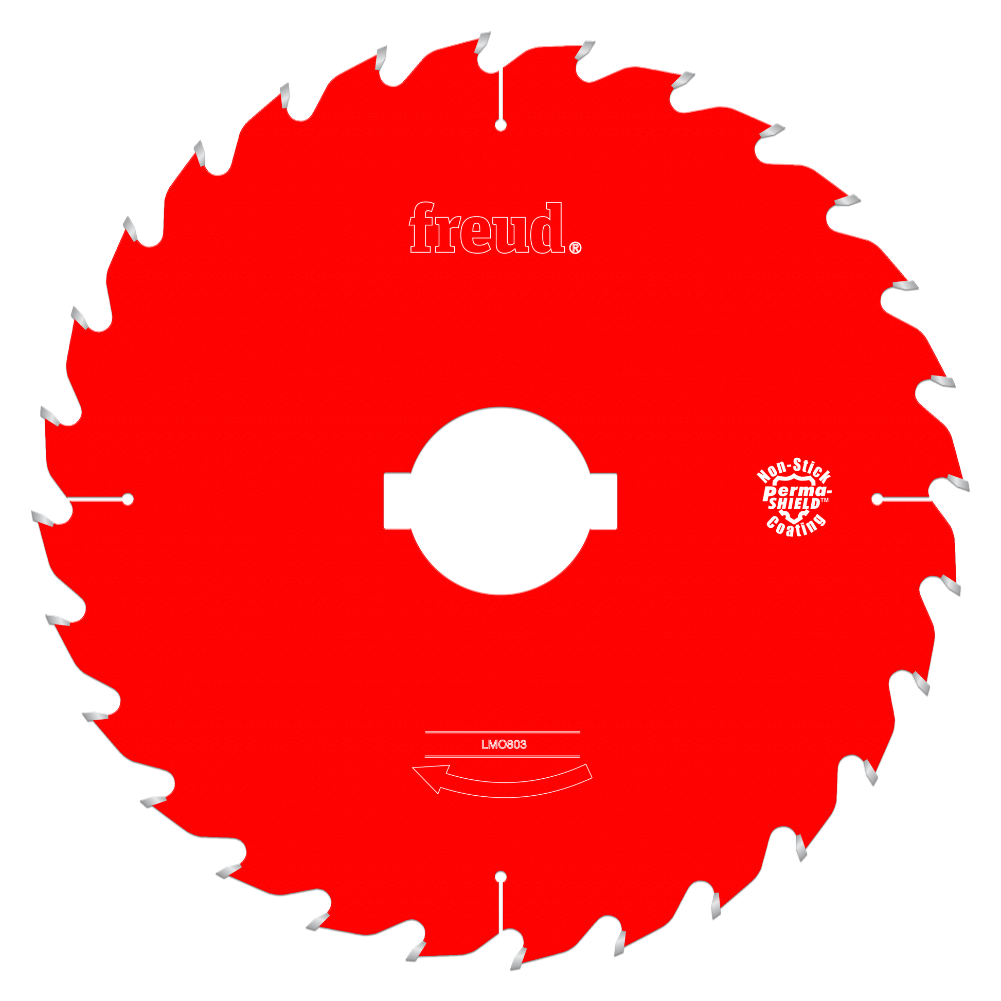 Red circular saw blade with gray teeth, white center hole, and Freud branding visible on the surface.
