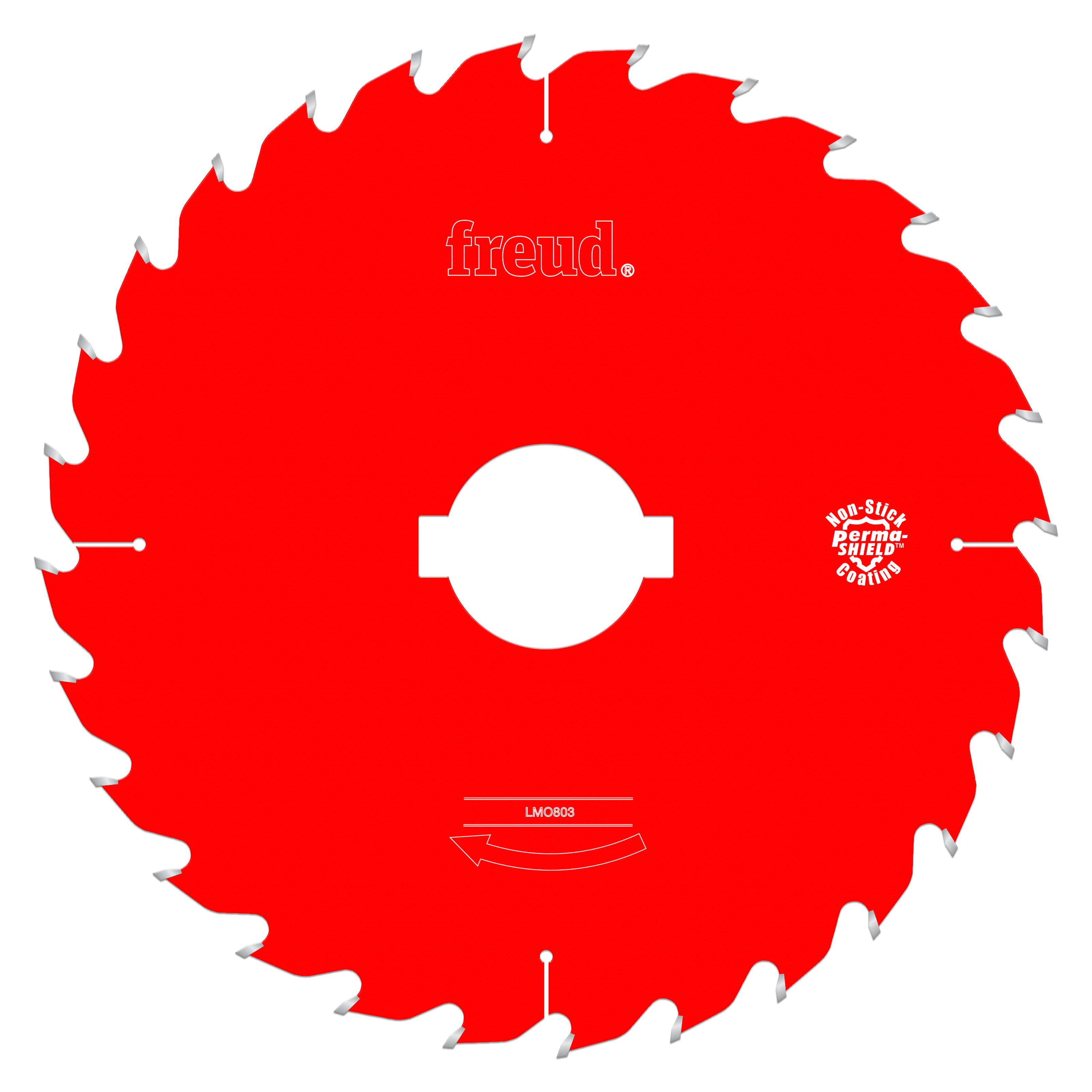 Red circular saw blade with gray teeth, white center hole, and Freud branding visible on the surface.