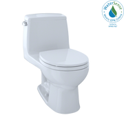 White one-piece round toilet with soft-close seat and matching tank.