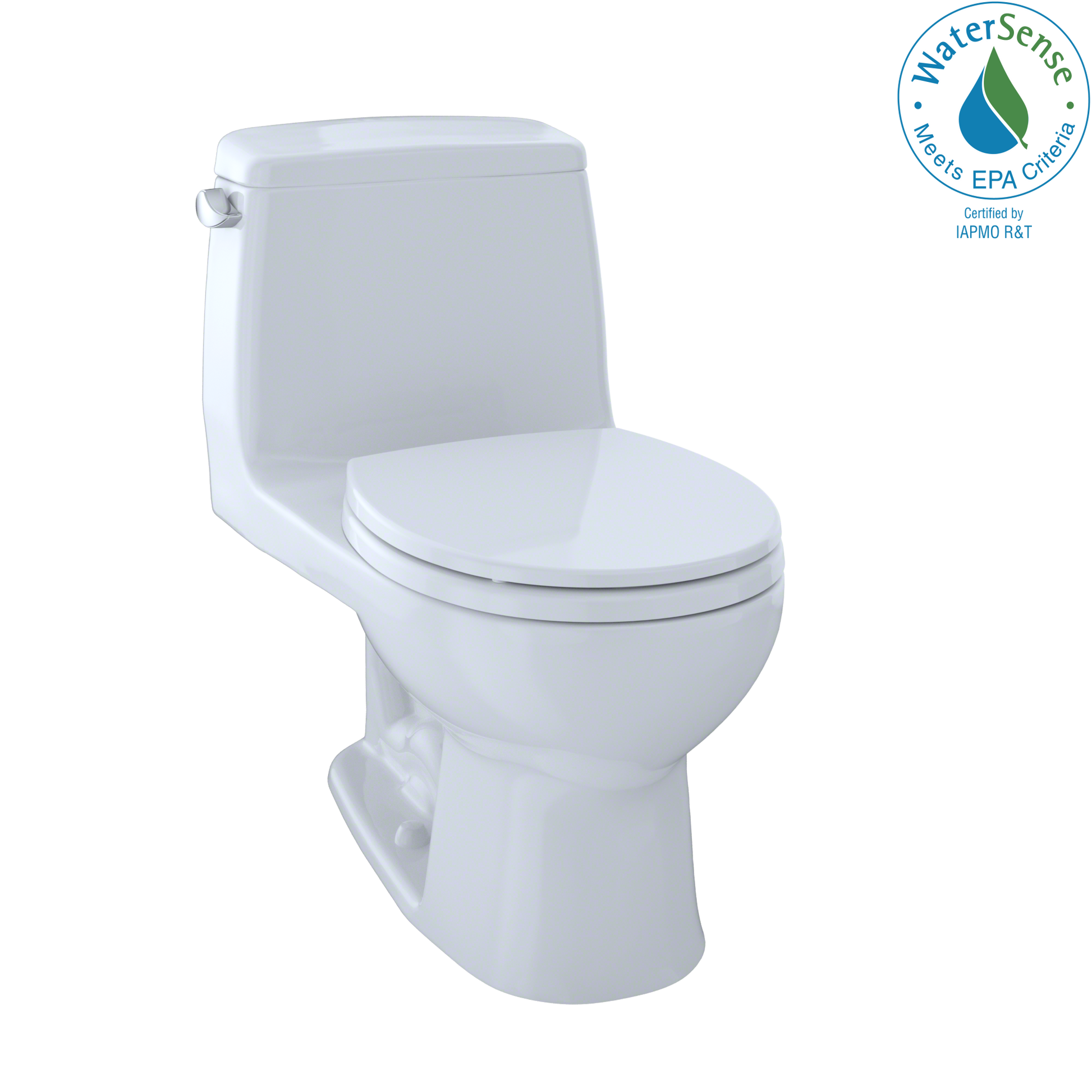 White one-piece round toilet with soft-close seat and matching tank.