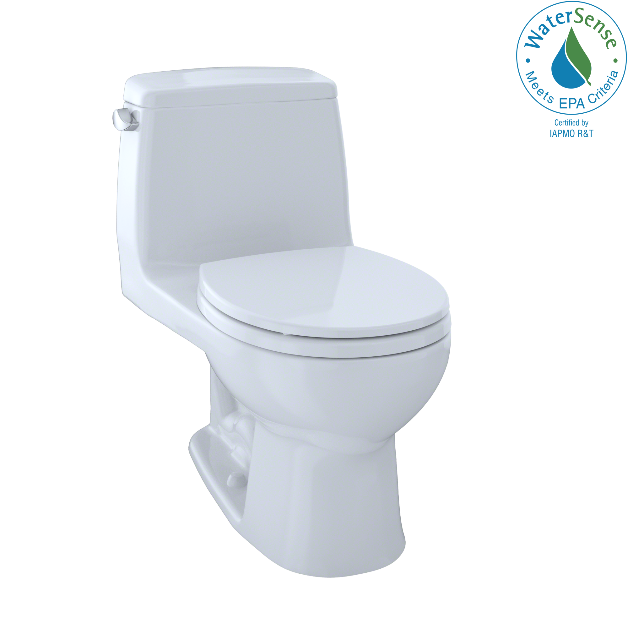 White one-piece round toilet with soft-close seat and matching tank.
