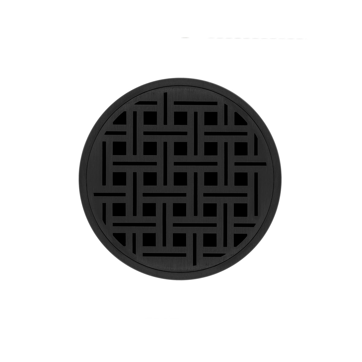 Matte black round drain cover with geometric lattice pattern for RV center drain applications.