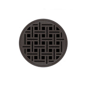 Round oil rubbed bronze drain cover with geometric grid pattern and center drain opening.