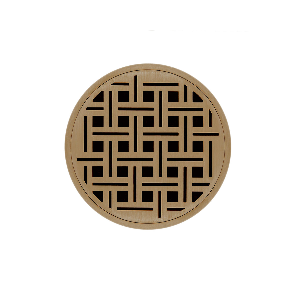 Satin bronze round drain cover with geometric grid pattern cutout design.