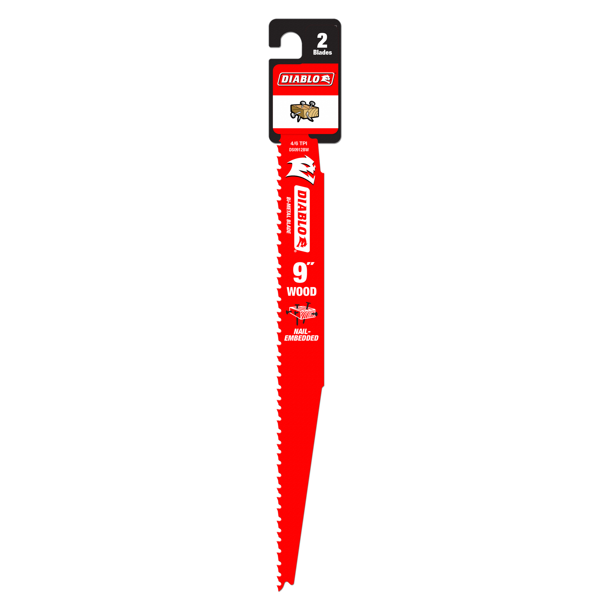 Two Diablo 9-inch red bi-metal reciprocating saw blades with serrated edges in original packaging.