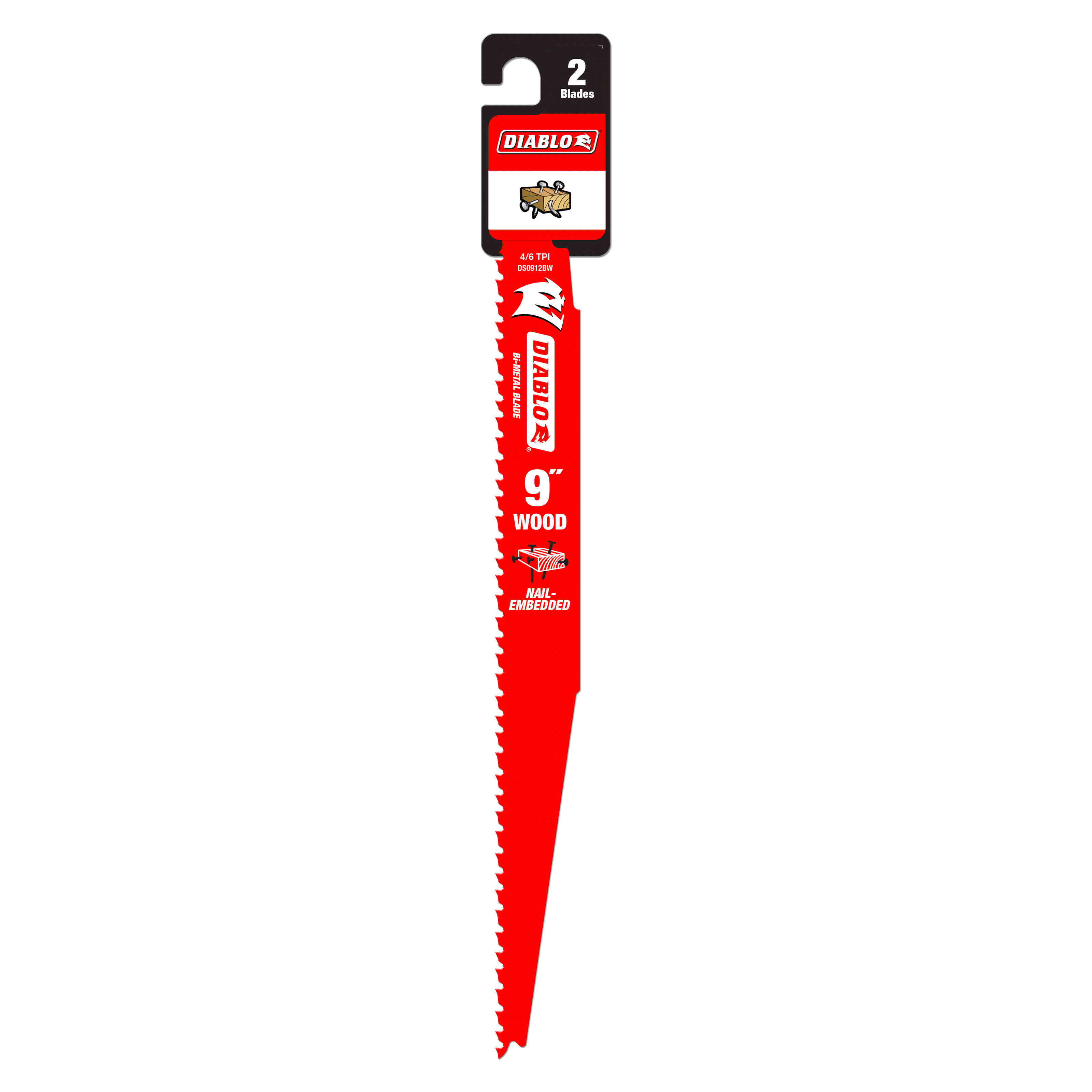 Two Diablo 9-inch red bi-metal reciprocating saw blades with serrated edges in original packaging.