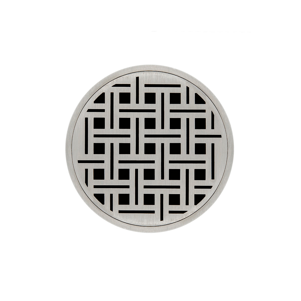 Round satin stainless steel drain cover with geometric line pattern design.