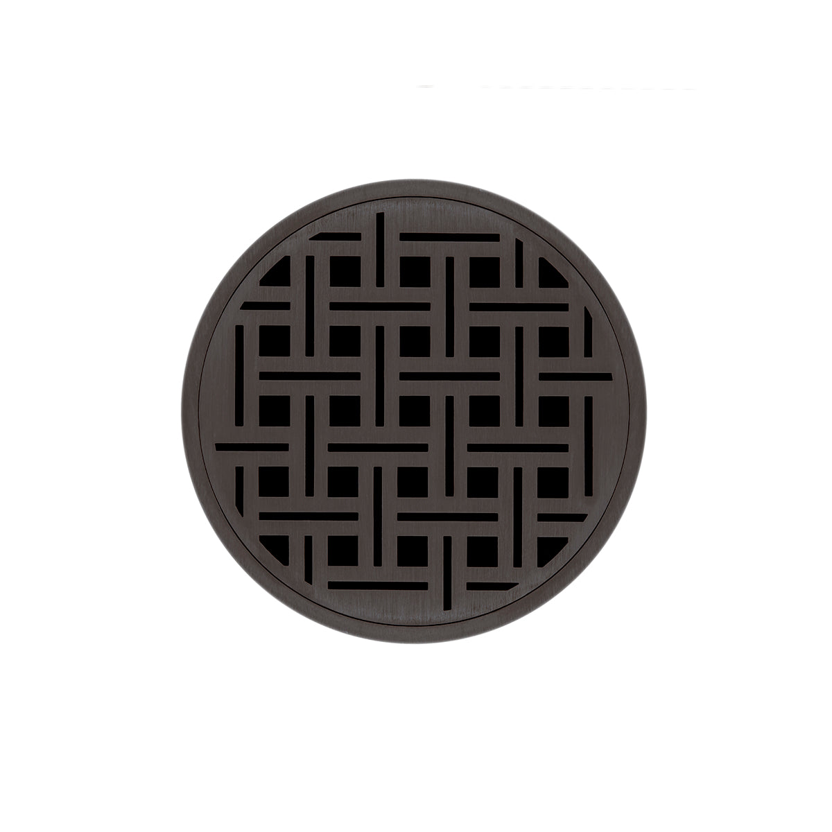 Round oil rubbed bronze drain cover with geometric lattice pattern and center opening.