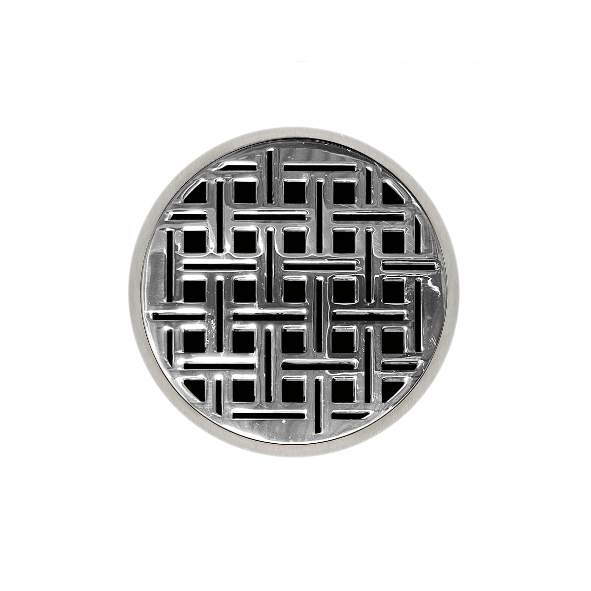 Round polished stainless steel drain cover with geometric grid pattern and center drain opening.