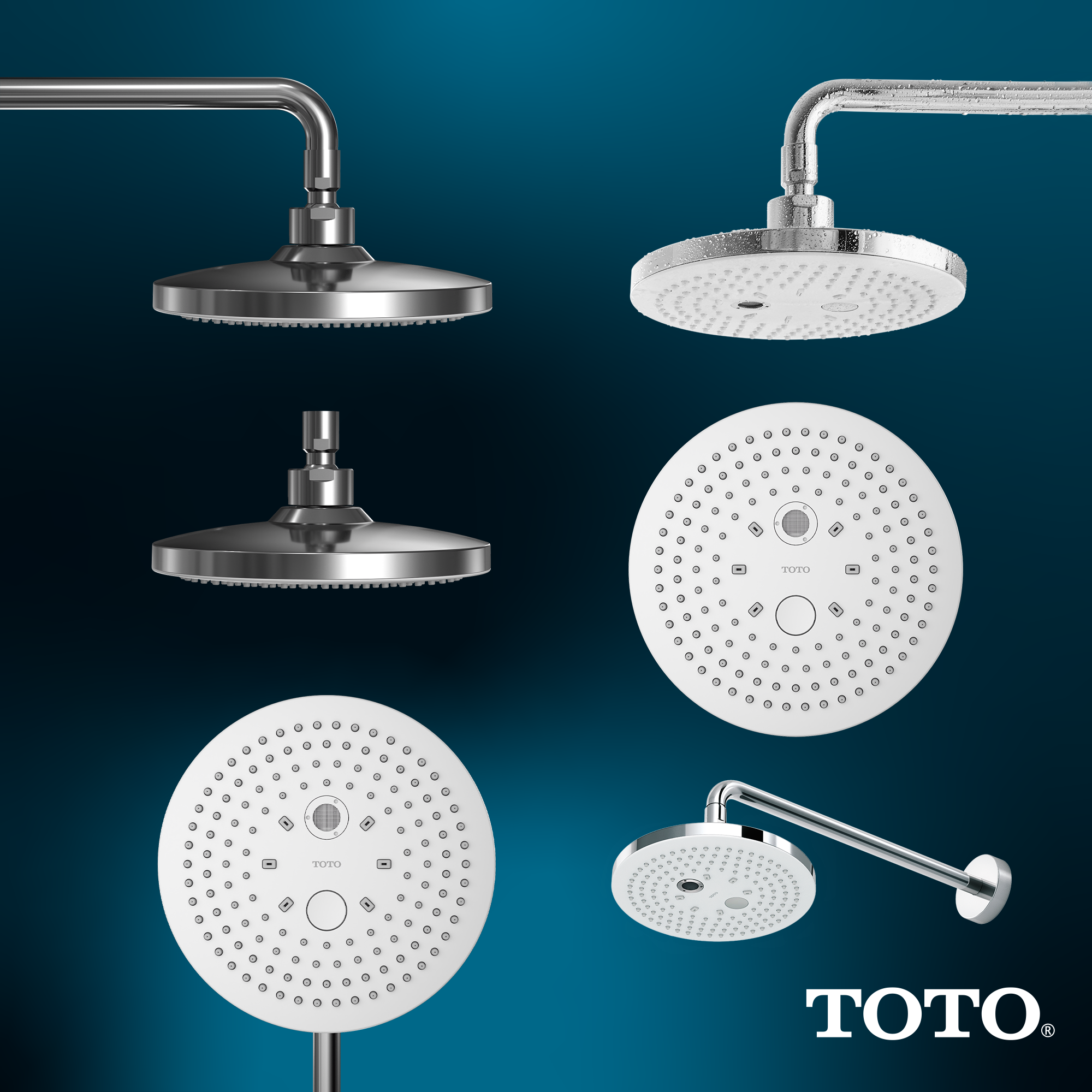 Polished chrome round shower heads in various angles and finishes, including white and metallic models with spray hole patter