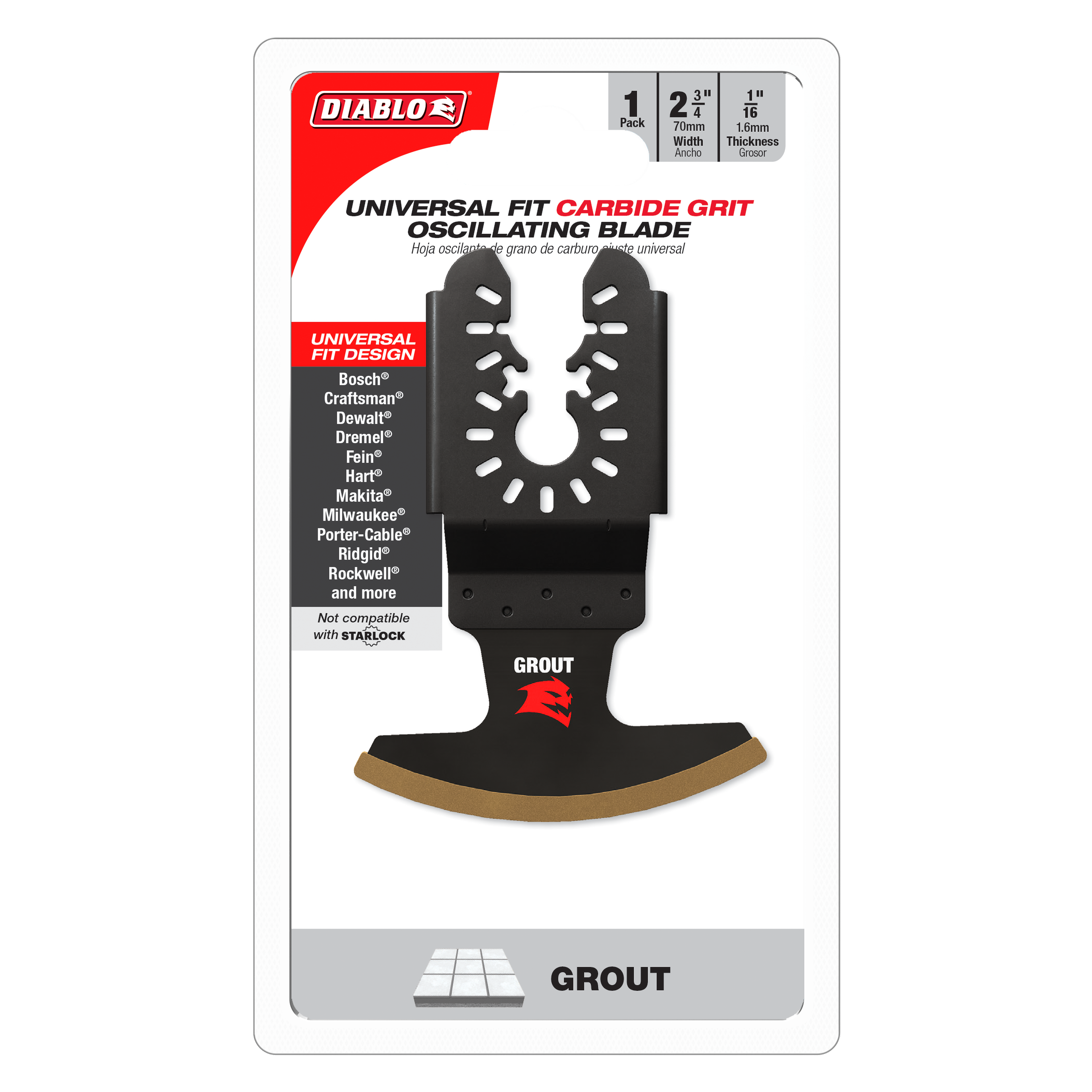 Black carbide grit oscillating blade with brown curved base edge labeled for grout removal, universal fit design.