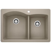Truffle-colored drop-in kitchen sink with two unequal bowls and chrome drain strainers.