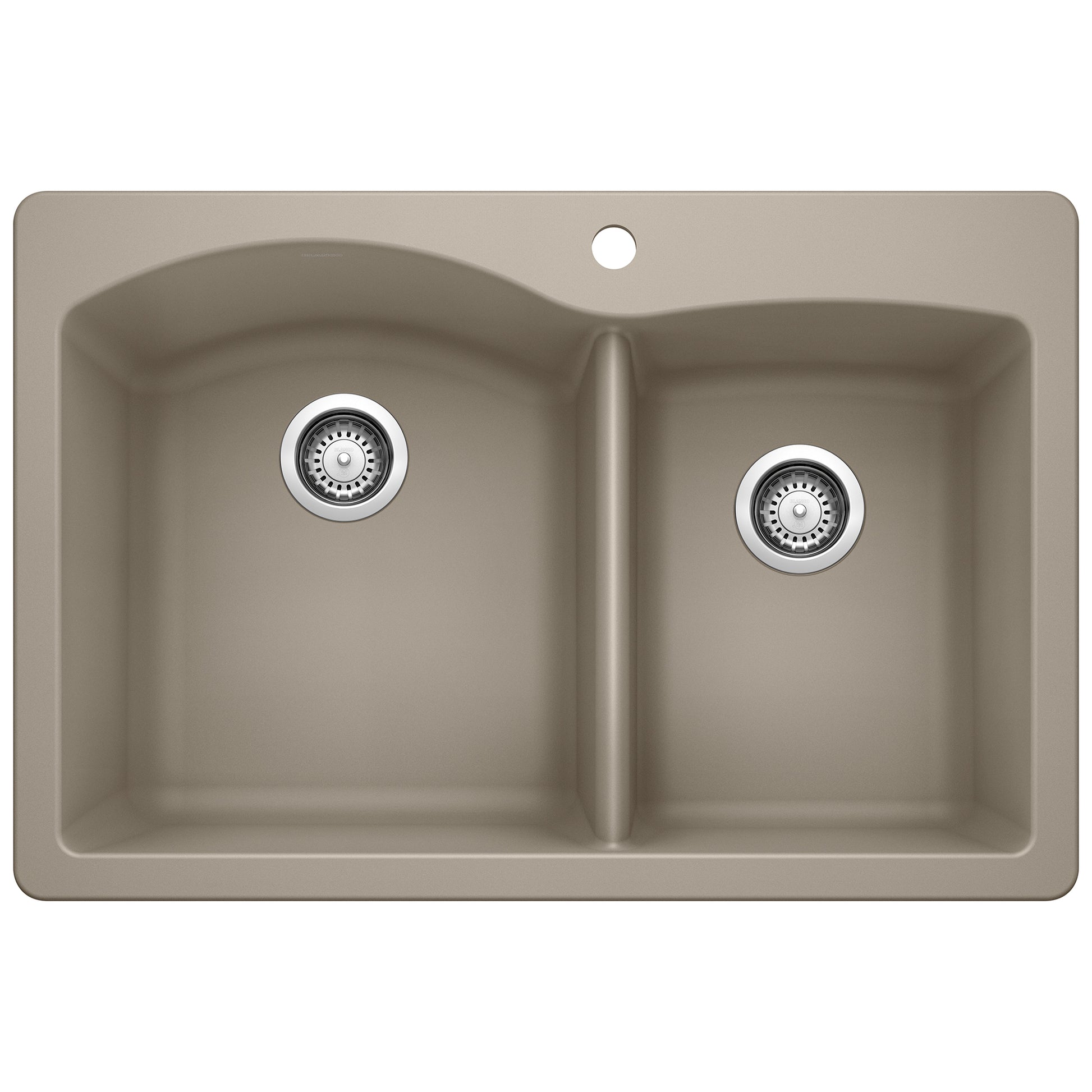 Truffle-colored drop-in kitchen sink with two unequal bowls and chrome drain strainers.