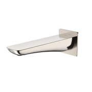 Polished nickel wall-mounted tub spout with curved rectangular body and square mounting plate.