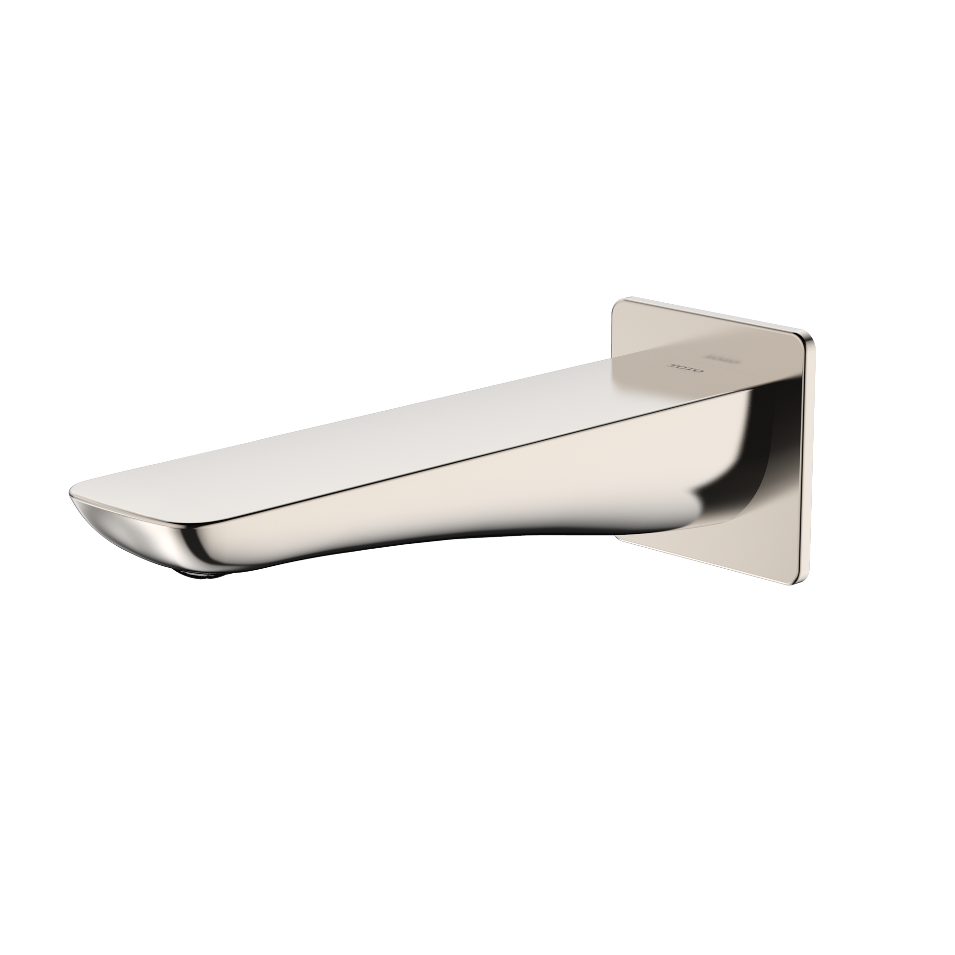 Polished nickel wall-mounted tub spout with curved rectangular body and square mounting plate.