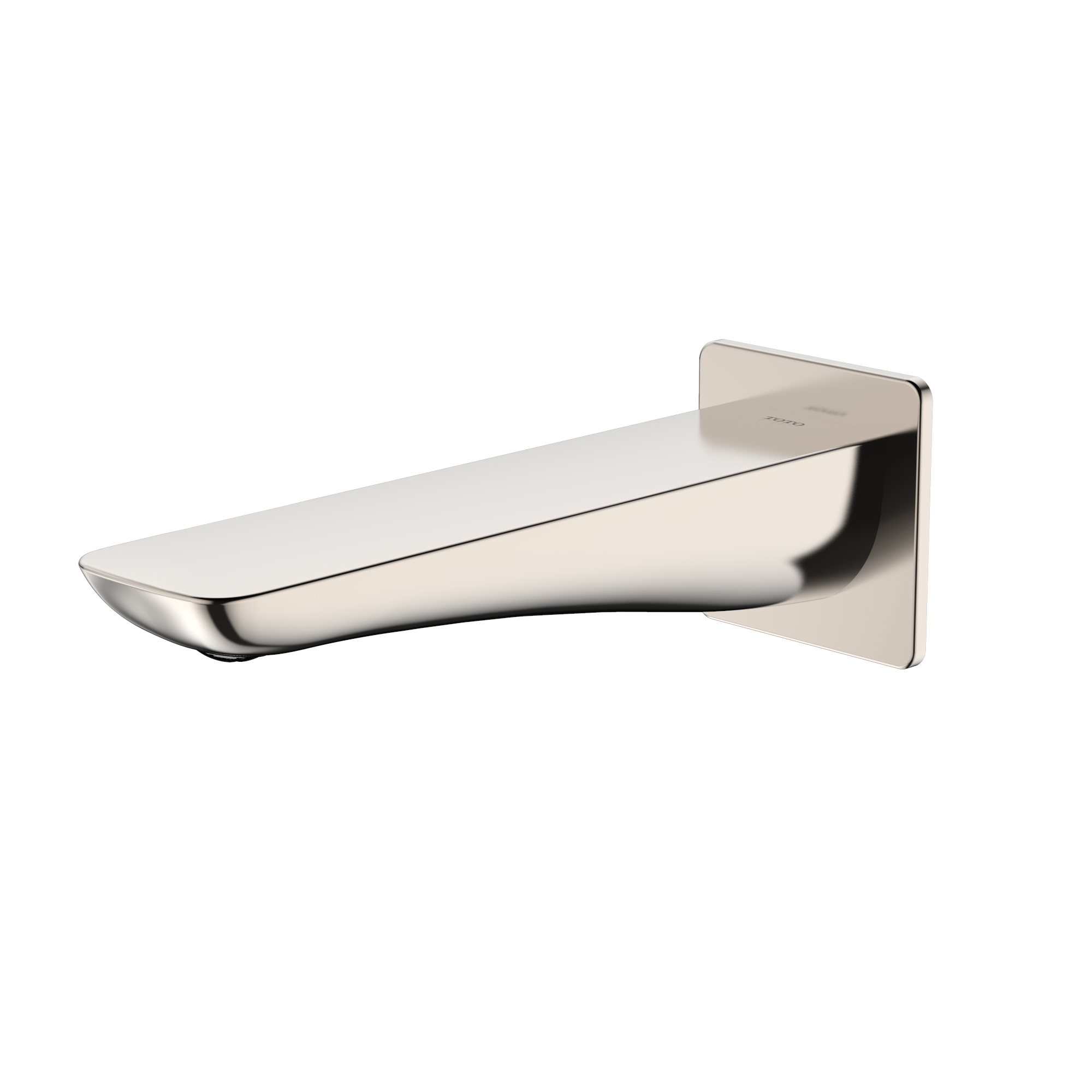 Polished nickel wall-mounted tub spout with curved rectangular body and square mounting plate.