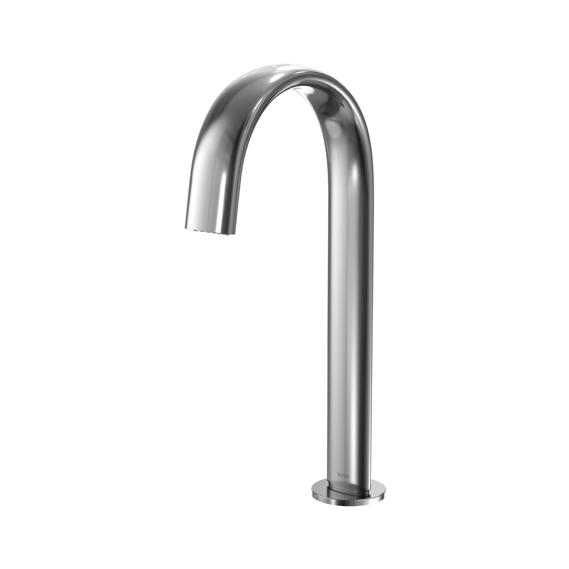 Polished chrome gooseneck bathroom faucet with curved spout and tall cylindrical base.