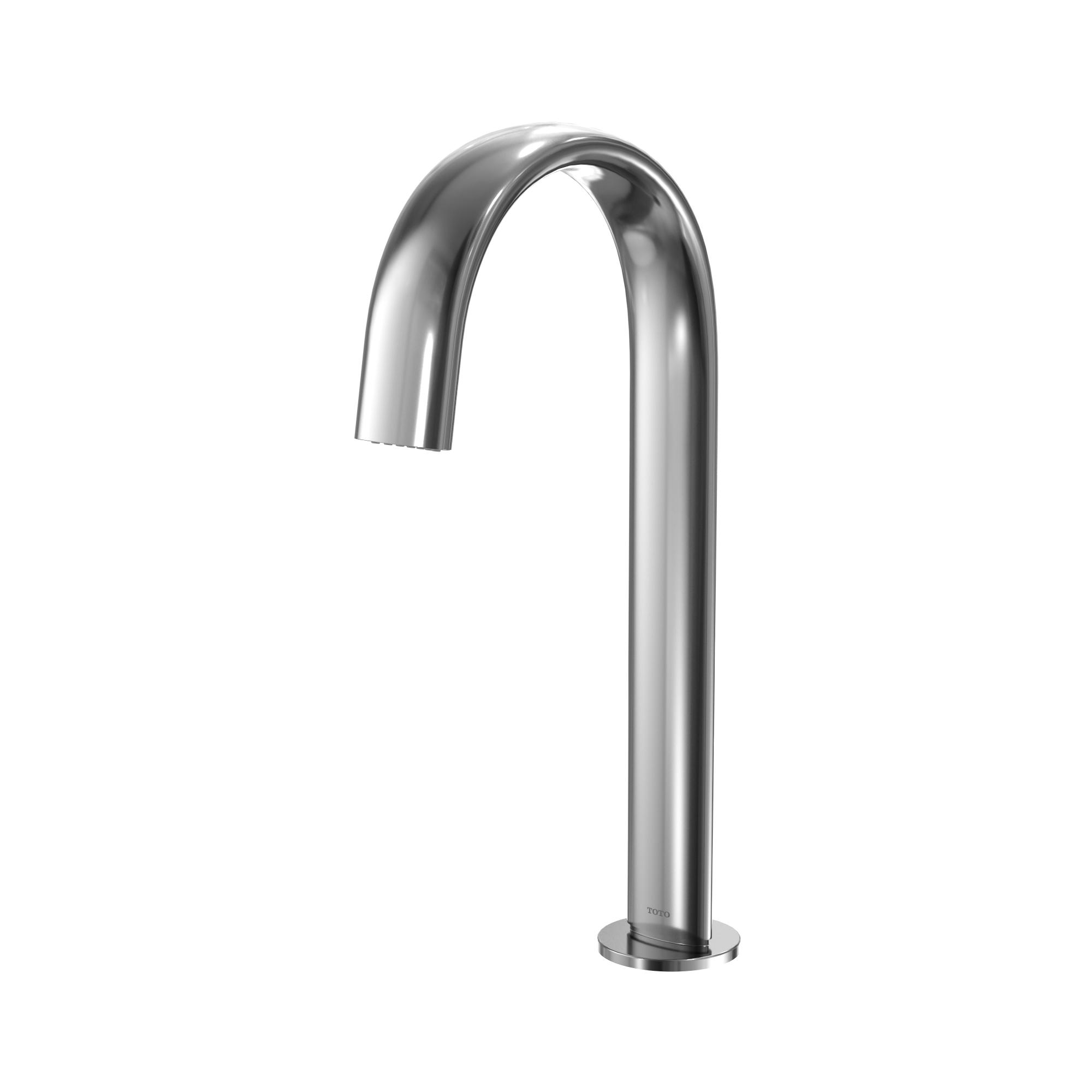 Polished chrome gooseneck faucet with curved spout and cylindrical base for vessel sinks.