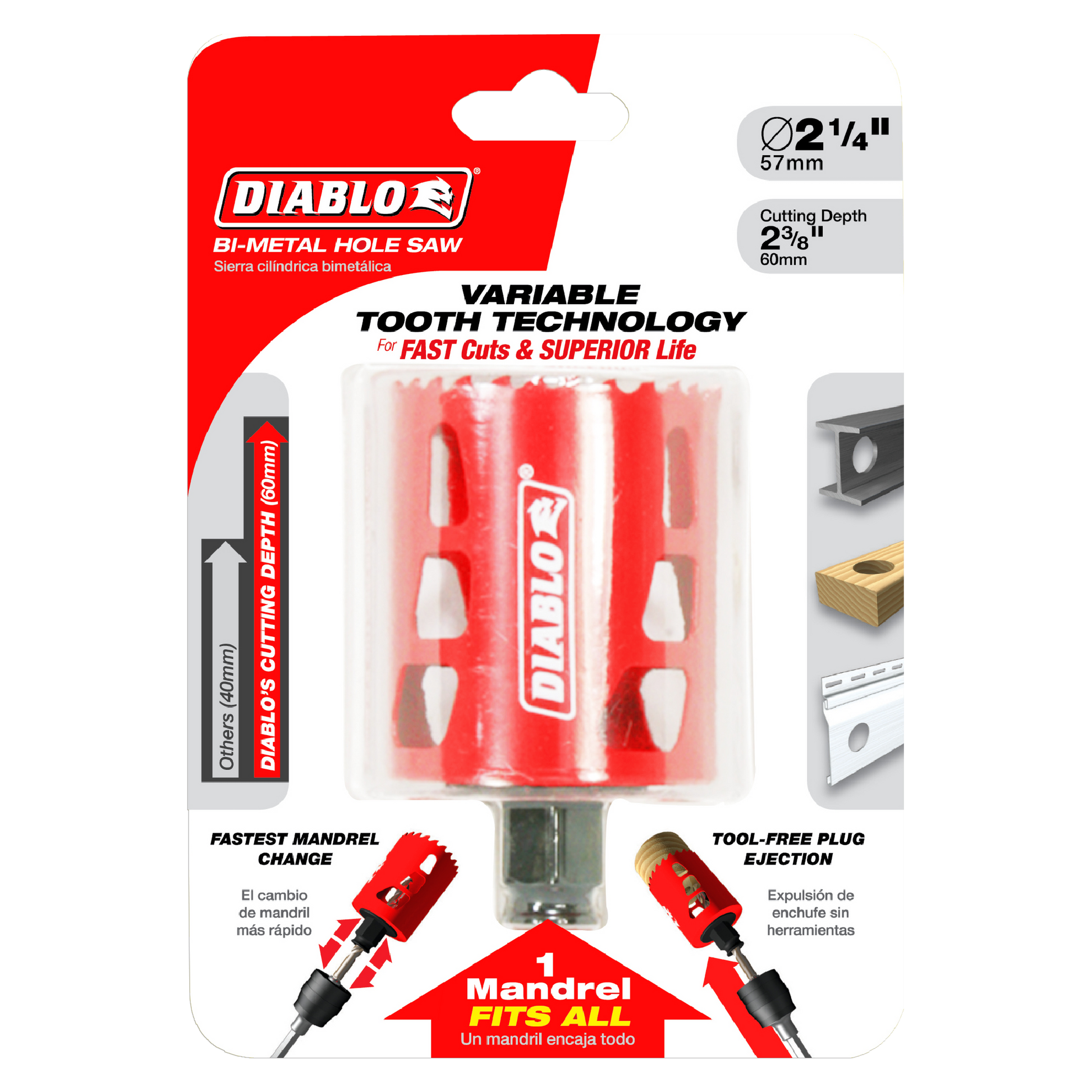 Diablo DHS2250 2-1/4 inch bi-metal hole saw with red body, white teeth, and gray cutting head on packaging card.