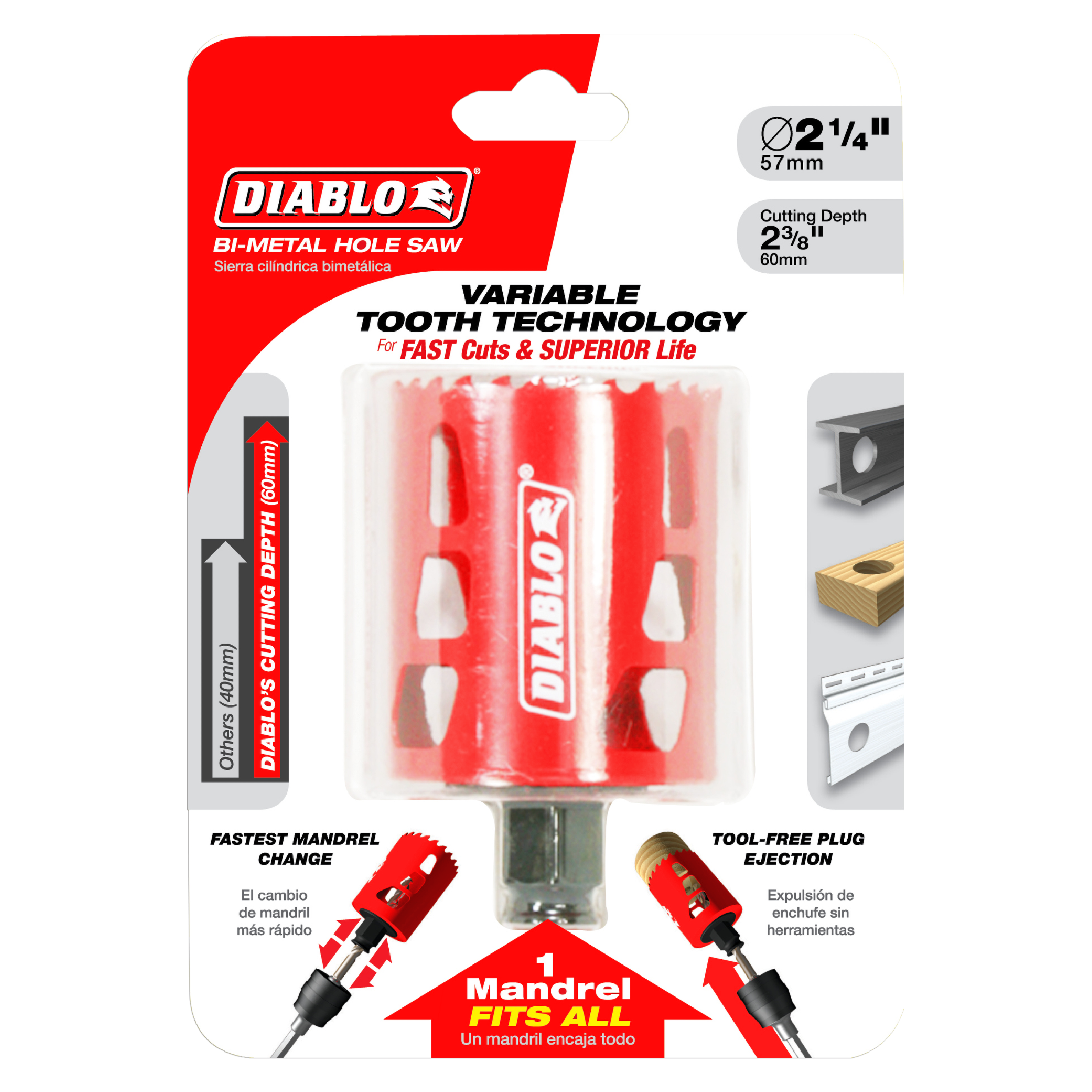 Diablo DHS2250 2-1/4 inch bi-metal hole saw with red body, white teeth, and gray cutting head on packaging card.