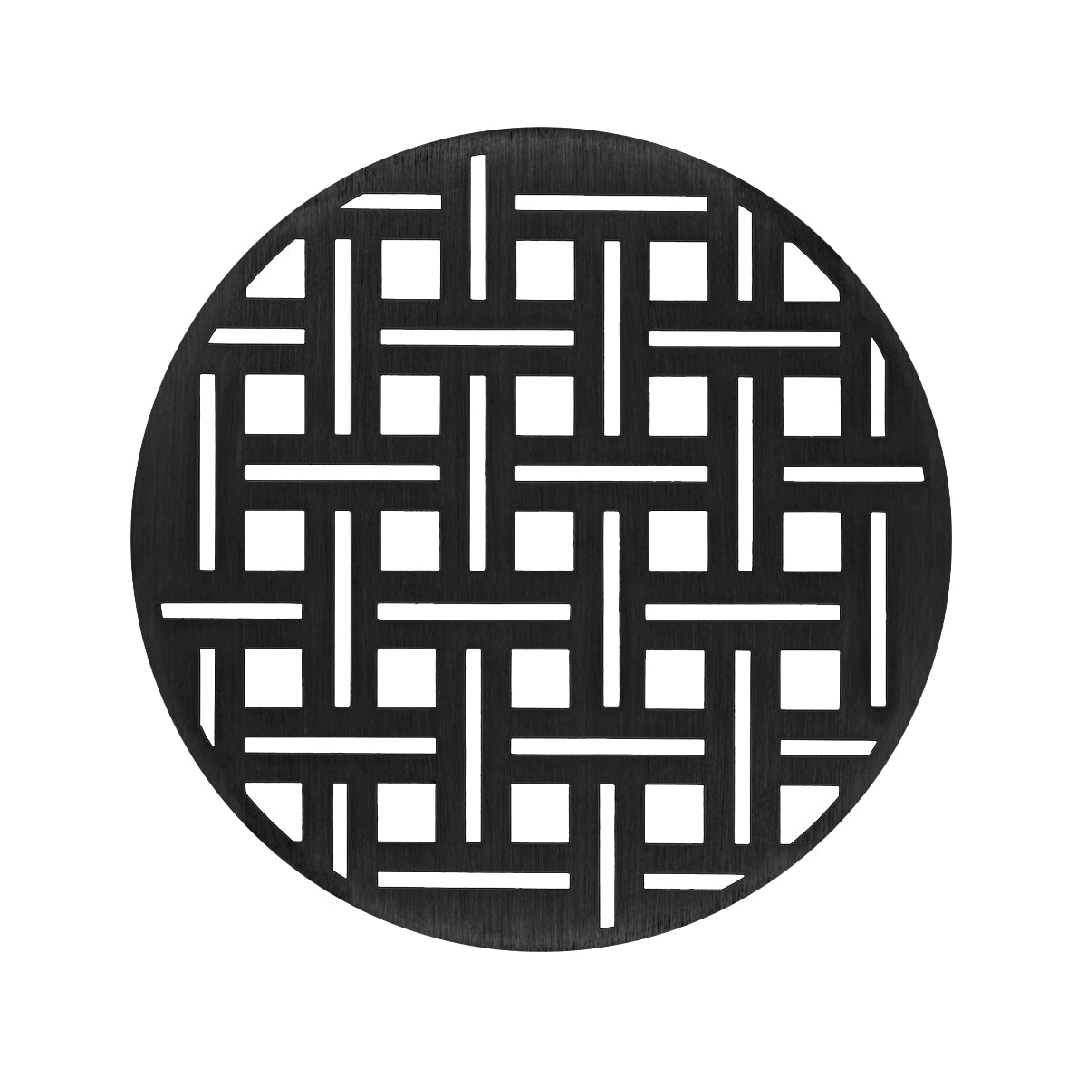 Matte black round drain cover with geometric grid pattern cutouts, 5 inches diameter.