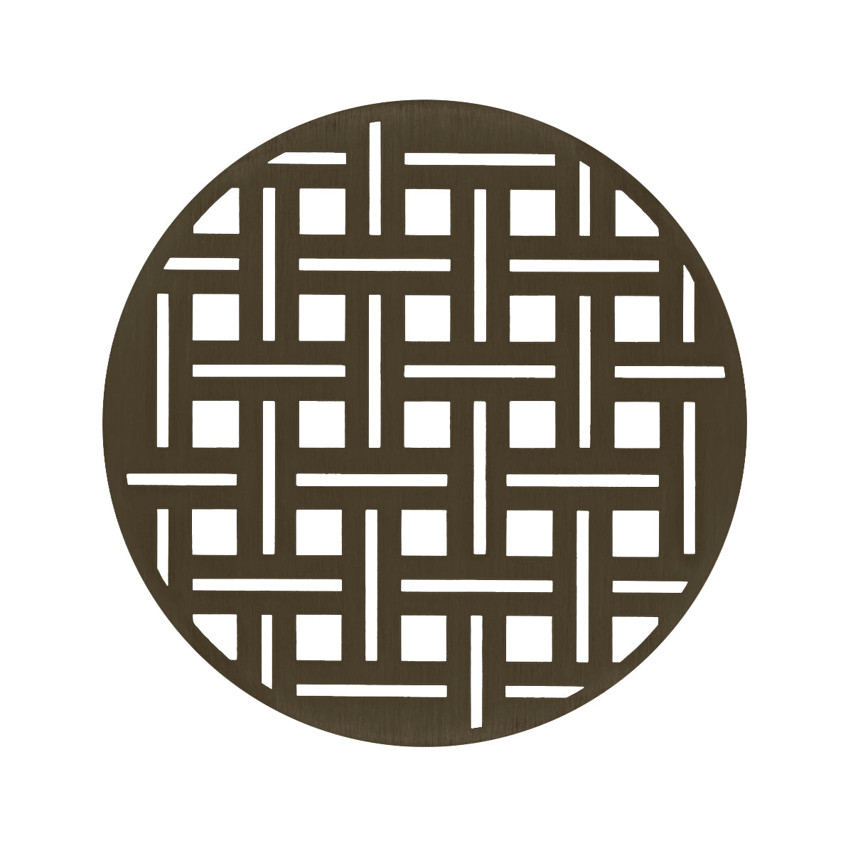 Round oil rubbed bronze drain cover with geometric grid cutout pattern and center opening.