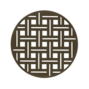 Round oil rubbed bronze drain cover with geometric grid cutout pattern and center opening.