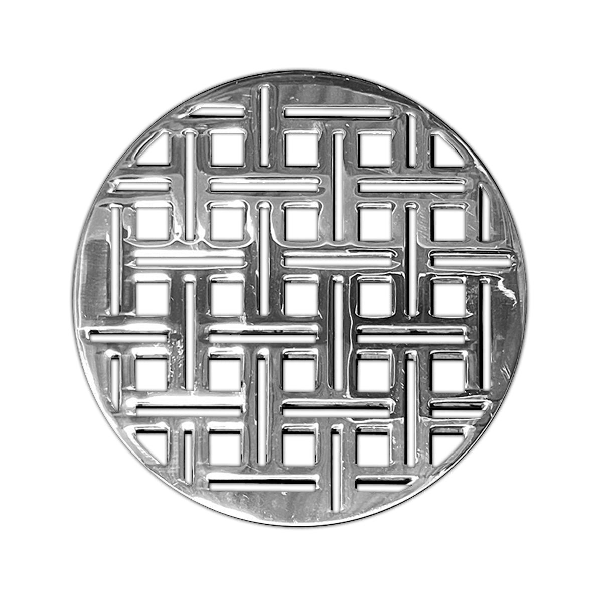 Round polished stainless steel drain cover with geometric grid pattern and center drain opening.