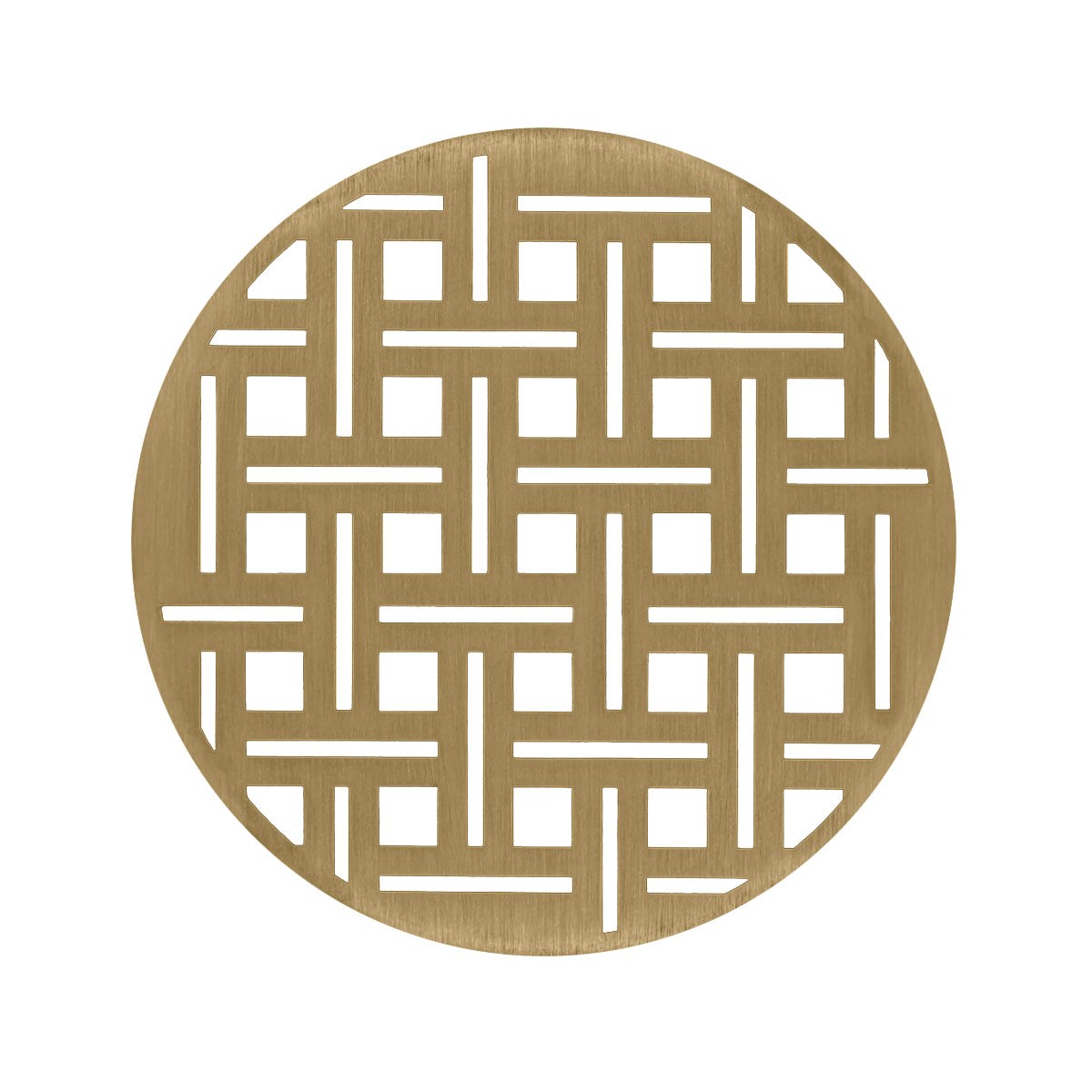 Round satin bronze drain cover with geometric grid pattern cutouts.