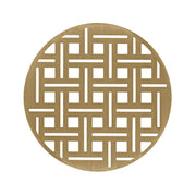 Round satin bronze drain cover with geometric grid pattern cutouts.
