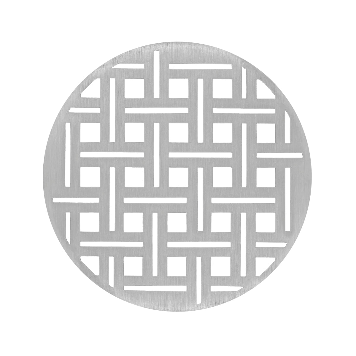 Round satin stainless steel drain cover with geometric grid pattern cutouts.