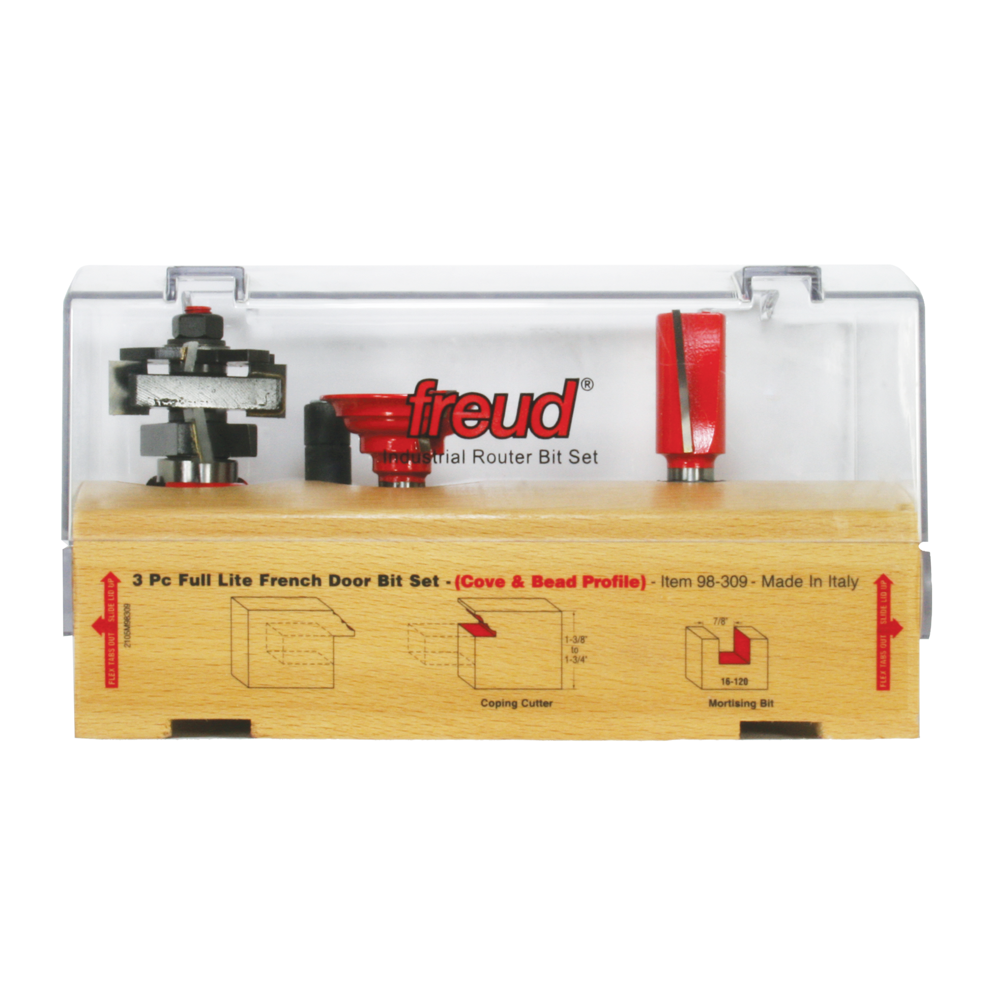 Three router bits with cove and bead profiles in clear plastic case with wood base and instruction diagrams.