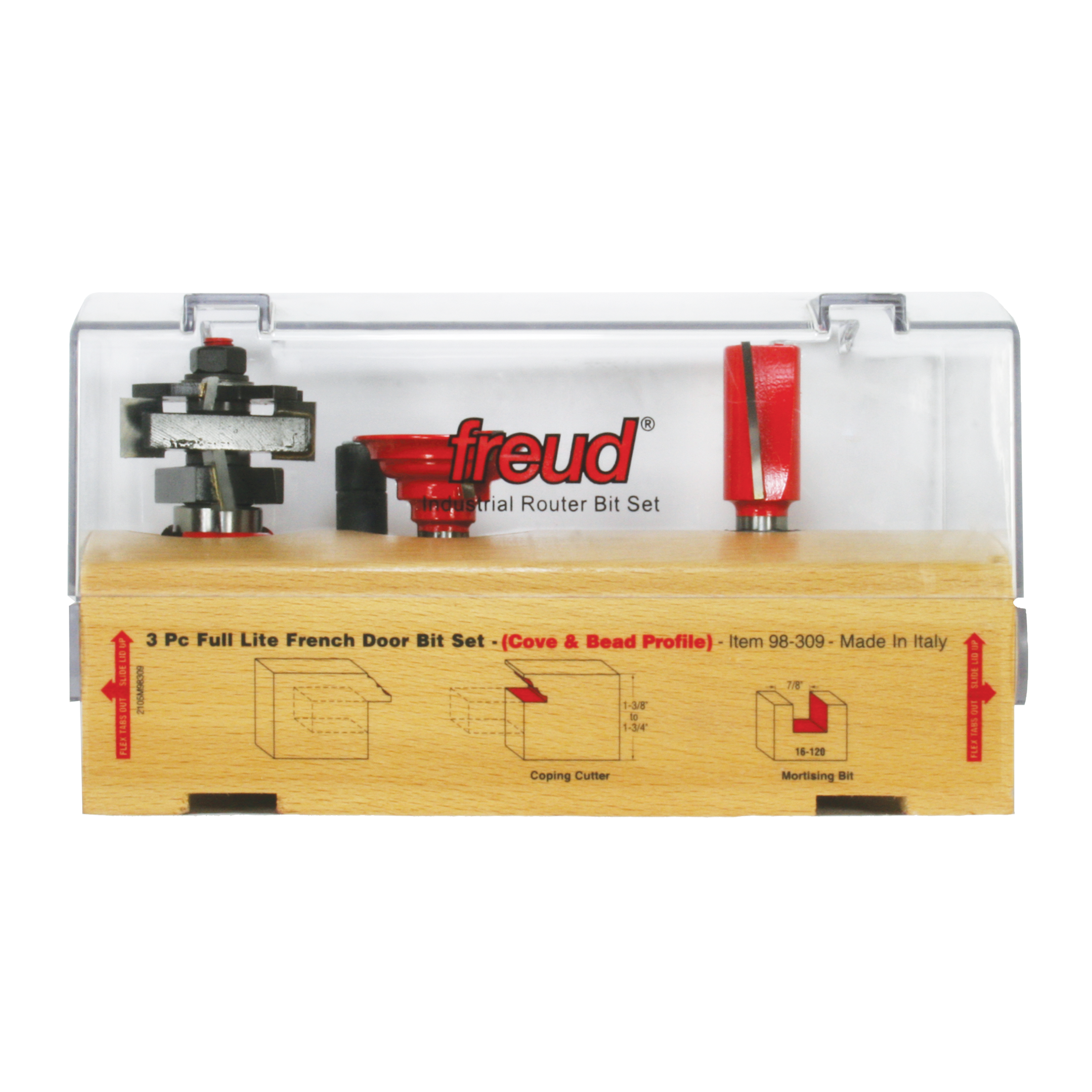 Three router bits with cove and bead profiles in clear plastic case with wood base and instruction diagrams.